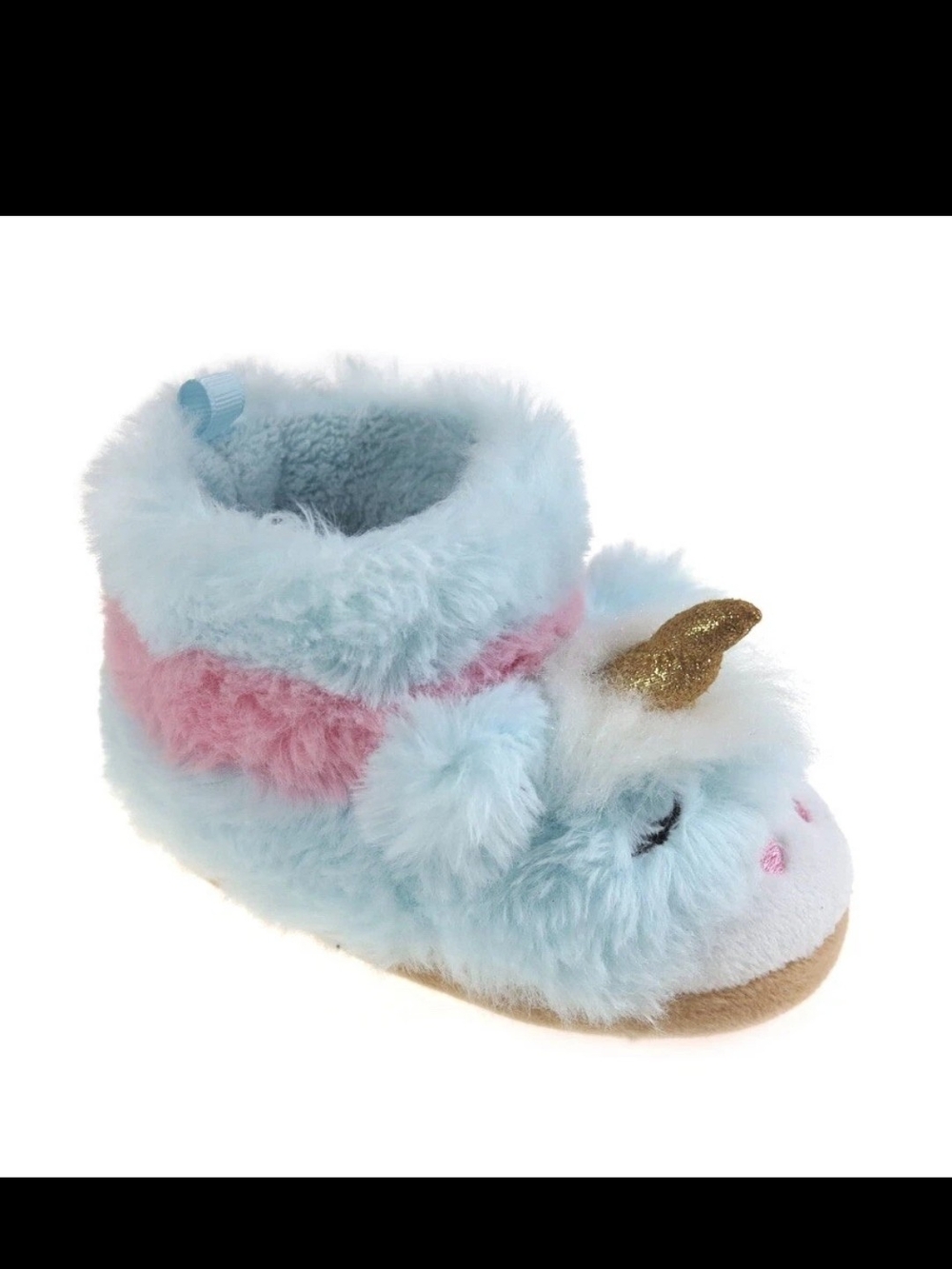 wonder nation Plush Unicorn Bootie Slippers Light Blue & Pink Gold Horn Sz 3